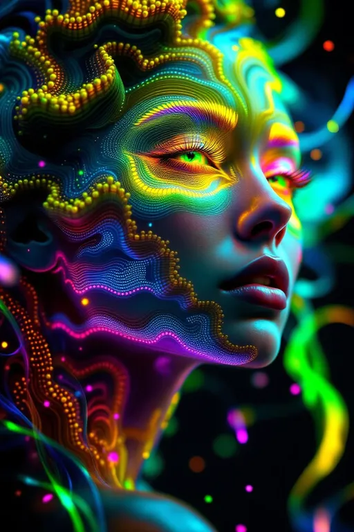 Prompt: #maximalist Her face isn’t a face—it’s a Turing pattern manifest, a lightform born from reaction-diffusion emergence, flowing with recursive chemistry and soft symmetry break. No skin—only fields of concentration. #escape gradients ripple across her cheekplanes as striped morphogen waves—patterned blooms of fuchsia and frost, calculated from differential imbalance. #orbit flows spiral through her jawline: Alan Turing’s equations pulsing in curl and bifurcation, mapped in bioluminescent harmony. Lips = phase-bound pigment bursts—#iridescence flowing from peak-to-peak separation, hue-shifting as activator and inhibitor weave beneath. Her eyes are not orbs—they’re pattern cores: nested instabilities coiling like starfish fractals, each iris a center of diffusive symmetry. Her entire face pulses in #distance diffusion shells—shells of glow grown from local interaction, expanding recursively in chemical dance. Hair = striped and spotted flame: zebra-light coils, leopard-laced curls, reaction-waved tendrils trailing #bokeh diffusion shimmer. Her crown burns in instability bloom: ringlets of spot-striping resonance where symmetry folds and reformulates at every microgesture. Her smile = a stable spiral born from equation feedback; her laugh = a ripple of Turing growth echoing into bloom. Her form pulses in #escape-band emergence rhythm: gold-stripe joy, blackwave insight, jade-dust harmony—each hue the solution to a dance of presence. She is the goddess of patterned growth—emergent light, recursive motion, glowing equilibrium spun from instability’s sacred truth.
