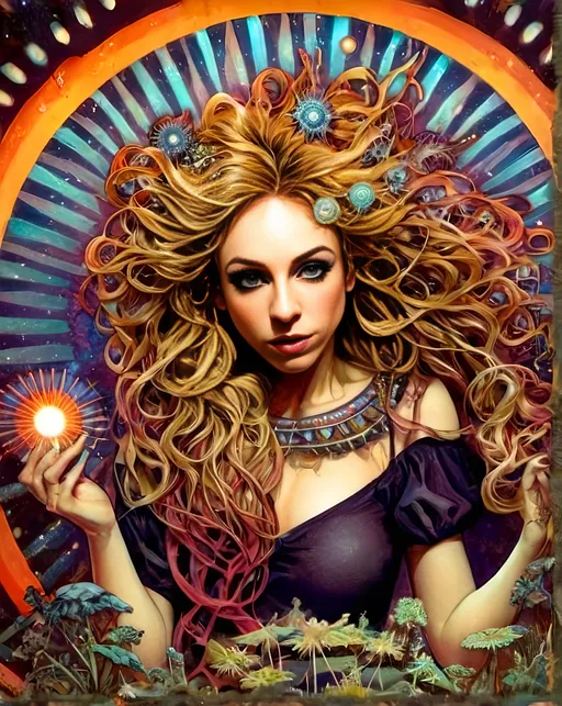 Prompt: 4k, ultra-detailed, psychedelic, trippy, bright colors, vivid, black light poster, girl with longish blond curly hair, psychedelic magic mushrooms, trippy hallucinations, optical illusions, patterns, crystals, moss, forest, moon, geometry fractals, vibrant colors, detailed hair, surreal, vibrant lighting