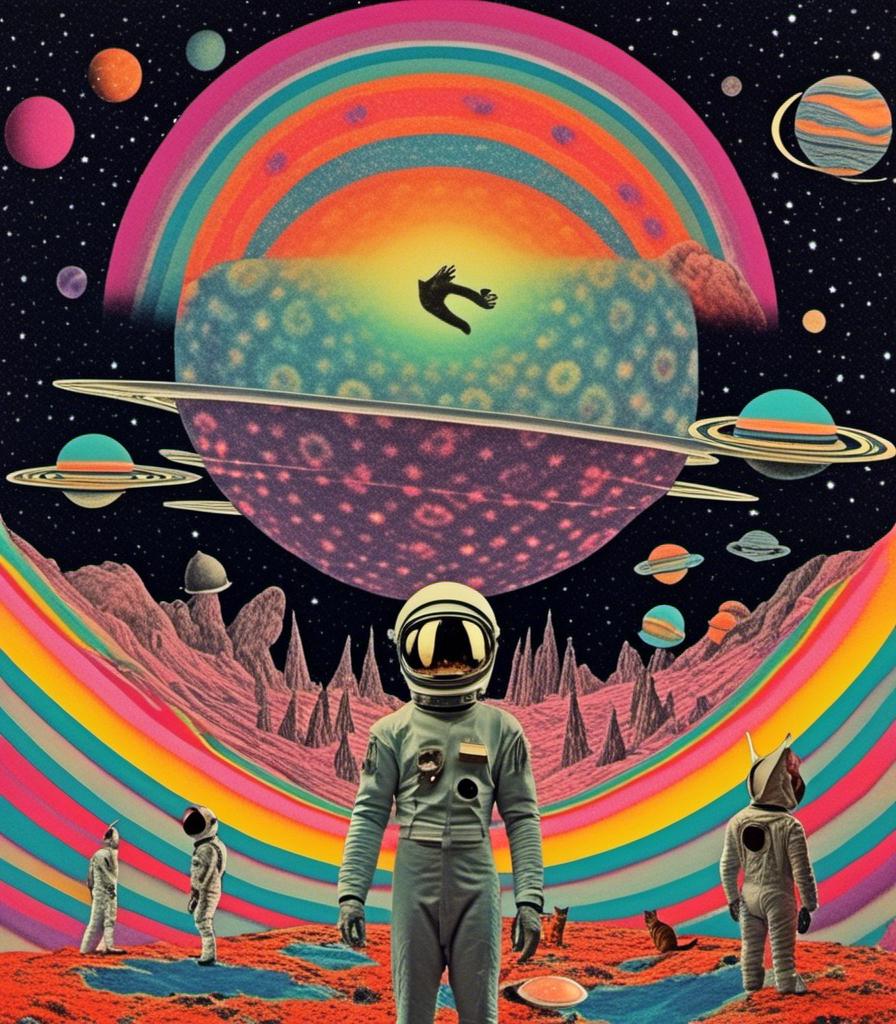 Prompt: a psychedelic collage with a vintage 70s sci-fi animation feel to it except the subject matter will be CATS IN SPACE! The collage will have elements of photography, illustration, trippy patterns and optical illusions, alien landscapes, strange trippy planets, UFOs,, meteors, all cut and spliced together in a psychedelic collage style <mymodel>