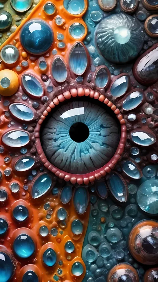 Prompt:  An extremely hyper-realistic, ultra-textural, weird, trippy, surreal, psychedelic pattern/design featuring eyes, teeth, mouths, & tongues. The design should be based on the “Mandelbrot” & “op art tiling” concepts, w/ an abundance of human eyes (crazy colorful compound psychedelic), rows of human teeth, human lips, & the elements, minerals, organisms: 
- Moonstone
- Selenite
- Labradorite
- niobium 
- potassium

**colors/lighting/Shapes/Forms/Textures**: 
- Main form: “Mandelbrot”
- Additional colors/shapes/forms/textures/arrangements determined by the natural properties/expressions of the listed elements, minerals, metals, & biological organisms. Capture their crystal structures, atomic arrangements, & natural formations. Express their raw, rough, & detailed textures, including crystal structures, surface finishes, & unique textural properties.
- Express the shapes, forms, structures, & arrangements of the listed elements, minerals, pigments, crystals, or biological organisms.
- Reflect intricate crystal structures, atomic arrangements, & natural formations.
- Integrate unique textural properties & surface characteristics into the pattern.
- Arrangement influenced by natural aggregates/combinations, creating a cohesive design.
-Intense, bright, reflective light
- Express the various lighting properties, effects, & illusions of listed elements, minerals, biological entities, & crystals.
- Capture interactions w/ light, including reflections, refractions, iridescence, & other optical phenomena. Use lighting to emphasize intricate details, textures, shapes, & forms.

