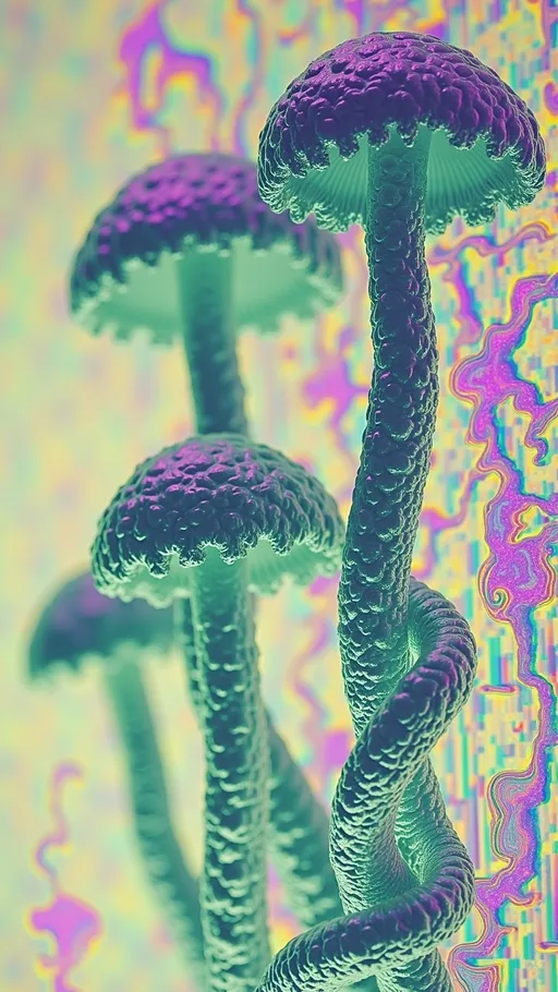 Prompt: ultra super hyperrealistic e remedy high definition homogram Psilocybin liberty cap mushrooms sprout from a shimmering 4th-dimensional matrix grid of reality, its infinite lattice glowing with electric blues, neon purples, and deep greens. The mushrooms have twisting metallic stems and translucent, bell-shaped caps with fractal, lace-like edges that pulse as if alive. Suspended around them are purple and black fractal spores, miniature geometric galaxies spiraling infinitely, leaving glitchy light trails in their wake.

The scene is layered with heavy computer glitches—RGB separations, pixel distortions, scanlines, and bursts of static—giving it a retro analog computer screen finish. The grid flickers and warps, tearing and freezing as though the simulation is breaking. Chromatic aberrations outline every shape, and digital noise crackles across the image. The palette is vibrant yet dark, dominated by glowing purples, deep blacks, and neon accents. The mood is hypnotic and surreal, blending psychedelic aesthetics with retro digital chaos.