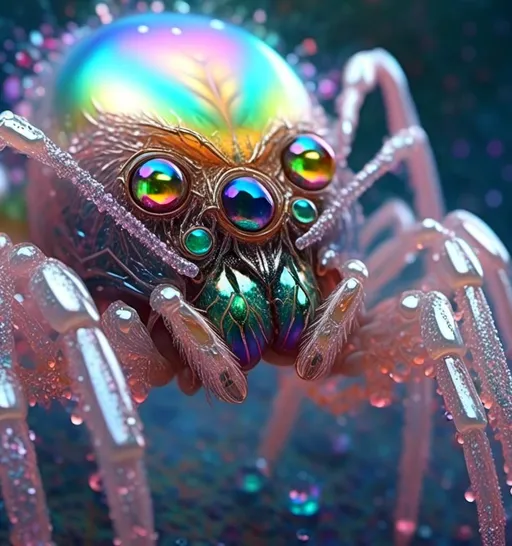 Prompt: <mymodel>extremely hyperrealistic extremely high textural beautiful female sentient spider entity, arachnid woman,8 eyes, humanoid, human woman with spider features, lots of light, extreme organic textures, white, translucent, bright pastel colors, oil slick rainbow sheen effect, silver, chrome, crystals, 
Arachnid, cephalothorax, abdomen, pedipalps, chelicerae, fangs, spinnerets, silk glands, book lungs, tracheae, 