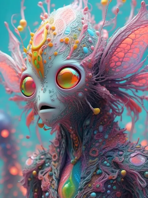 Prompt: <mymodel> an extremely hyper realistic super textural psychedelic entity/creature, trippy, weird, surreal, fractals, multidimensional geometric shapes, eyes, human teeth, lots of light, bright pastel colors, luminous, glowing, extremely textural, white, translucent, , silver, pastel rainbow oil slick sheen effect, moth antennae, melty drippy, extreme organic and metallic textures