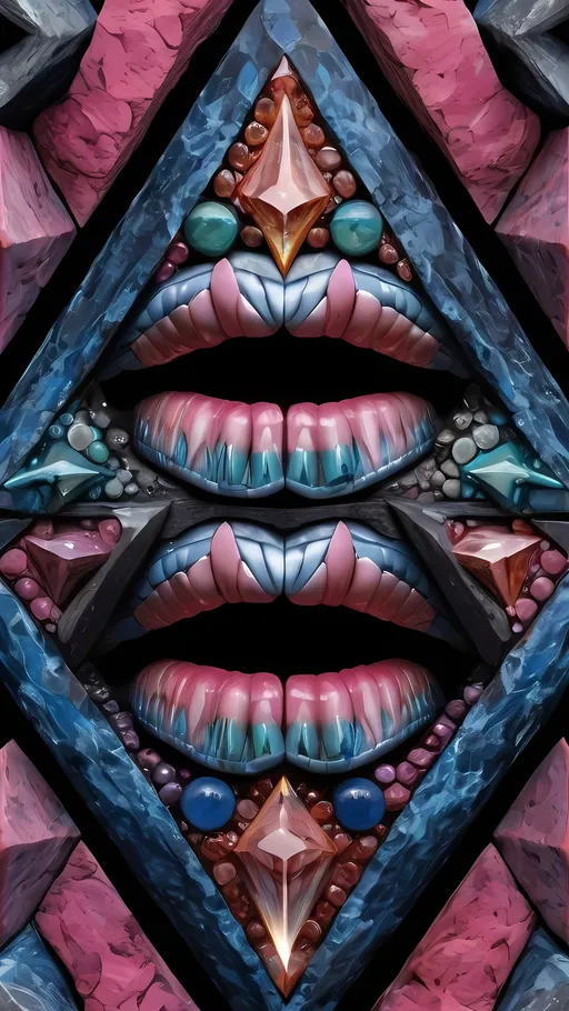 Prompt: Create an extremely hyper-realistic, ultra super textural, weird, trippy, surreal, psychedelic eyes/teeth/mouth pattern/design based on the “Merkaba” & “op art tiling” with lots of human eyes (crazy colorful compound psychedelic), rows of human teeth, human lips, and tongues. 

- **Colors**: determined by the natural properties and expressions of the elements (& their isotopes), raw rough minerals, and metals:
- Molybdenum (Mo)
- Rhodonite, 
-“Cobaltoan Calcite“
- “Black Kyanite“
- Hematite
- “Quinacridone Pink”

**Shapes and forms**
- main form: “ Merkaba(s)”
-other shapes determined by the natural properties and expressions of the elements (& their isotopes), raw rough minerals, metals, and biological organisms: 
- Molybdenum (Mo)
- Rhodonite, 
-“Cobaltoan Calcite“
- “Black Kyanite“
- Hematite

- **Textures**: Derived from any/all elements (& their isotopes), minerals, metals, crystals, organic things mentioned in this prompt: 
- “Merkaba(s)”
- Molybdenum (Mo)
- Rhodonite, 
-“Cobaltoan Calcite“
- “Black Kyanite“
- Hematite

**Composition and Layout**:
- a pattern/design based on “Merkaba(s)”
-bilateral symmetry

**Lighting**
- lots and lots of bright shining reflective light
- iridescence


**Detail and Atmosphere**:
- Extreme hyperrealistic sharp high detail high definition organic and mineral textures
- Psychedelic, weird, odd, surreal atmosphere
- Frozen in time

**Additional Elements**:
- extra rows of teeth, lips, many eyes, “Merkaba(s)”, Aventurescence, Chatoyancy
