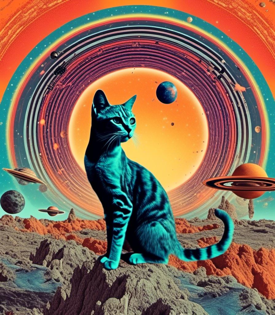 Prompt: a psychedelic collage with a vintage 70s sci-fi animation feel to it except the subject matter will be CATS IN SPACE! The collage will have elements of photography, illustration, trippy patterns and optical illusions, alien landscapes, strange trippy planets, UFOs,, meteors, all cut and spliced together in a psychedelic collage style <mymodel>