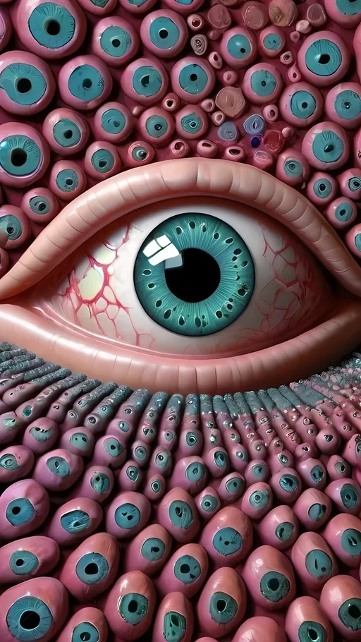 Prompt: Create an extremely hyper-realistic, ultra super textural, weird, trippy, surreal, psychedelic eyes/teeth/mouth pattern/design based on "Cladosporium fulvum", with lots of human eyes (crazy colorful compound psychedelic), rows of human teeth, human lips, and tongues. 

- **Colors**: determined by the properties and expressions of the elements (& their isotopes), minerals, and metals: Tourmaline, Rhenium (Re), Cladosporium fulvum

**Shapes and forms**
- "Cladosporium fulvum" 
-other shapes determined by the natural properties and expressions of the elements (& their isotopes), minerals, metals, and biological organisms: tourmaline,  Rhenium (Re); Cladosporium fulvum

- **Textures**: Derived from any/all elements (& their isotopes), minerals, metals, crystals, organic things mentioned in this prompt: "Cladosporium fulvum”, tourmaline, Rhenium (Re)

**Composition and Layout**:
- a pattern/design based on "Cladosporium fulvum"

**Lighting**:
- Phosphorescence

**Detail and Atmosphere**:
- Extreme hyperrealistic sharp high detail high definition organic and mineral textures
- Psychedelic, weird, odd, surreal atmosphere
- Frozen in time

**Additional Elements**:
- "Spirillum minus", extra rows of teeth, lips, many eyes,
