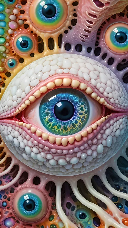 Prompt: an extremely hyper realistic ultra super textural weird trippy surreal psychedelic entity, Nephroid Curves, white, translucent, clear, bright bright pastel colors, oil slick rainbow sheen effect, lots and lots of light, lots of crazy colorful compound psychedelic human eyes, rows of human teeth, fungus, atoms, diatoms, Nephroid Curves