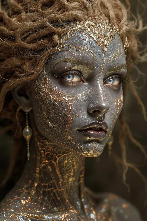 Prompt: Moss of Metal: The Electroformed Face
Prompt:
Craft an evocative portrait of a woman whose face is partially grown from electrochemical deposition—fractal metallic structures branching outward like dendrites or frost patterns in silver and copper. Her skin is no longer flesh, but a substrate for metallic bloom: fine moss-like filigree of charged particles laid down by invisible currents, forming complex textures that trace the paths of invisible voltages across her features.

From her jawline to her brow, her face is encased in intricate networks of conductive branches—sharp yet organic, somewhere between coral and circuitry. These metallized textures glimmer with layered patinas: oxidized blues, copper reds, gold veining, and silvery highlights that refract like mineral light. The deposition process leaves behind growth patterns—radiating from points of electrochemical initiation, fractalizing outward like thought made metallic.

Her eyes retain warmth—a contrast to the cold gleam of the surrounding material—and glow softly, hinting at internal current. The hair is a living sculpture of ferrous tendrils and braided filament wires, rising and spiraling like magnetic storms, some magnetically suspended midair, subtly twitching as if sensing an electric field.

This is a face caught in a liminal state between biology and machine—a portrait of synthetic rebirth, where thought, voltage, and mineral matter collaborate in recursive ornamentation.