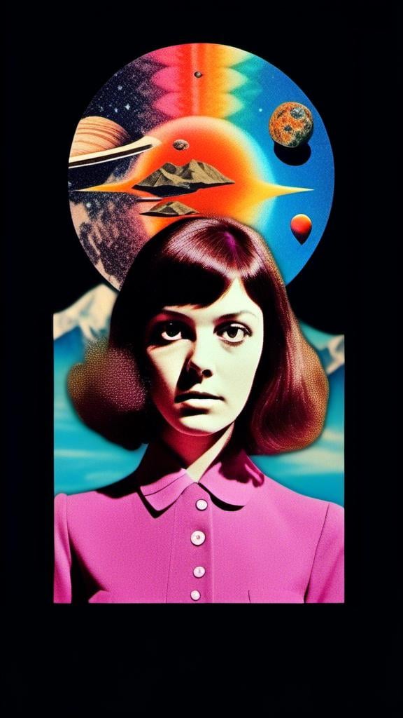 Prompt: a vintage 70s surreal psychedelic collage featuring a photograph of a young woman - it has a vintage 70s surreal science fiction art house feel to it. The photograph is cut out and edited into a collage made up of other photographs and art and feature things such as eyes, psychedelic third eyes, planets and stars, desert alien landscapes and mountains, psychedelic trippy patterns and optical illusions, psychedelic mushrooms, cats, UFOs, etc all mixed up together to create a surreal psychedelic collage effect<mymodel>