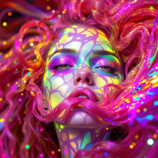 Prompt: She radiates joyful recursion—her face aglow with Newton fractal basin webs, each iridescent patch a rainbow logic map flickering with emotion. Cheekbones prism into crystal lattices—thought-nodes sparkle like math gems, pulsing with cognitive harmony. Every blink sends spectral ripples across skin; laughter folds into light. Her hair—a wild, living storm of long pink curls—burns in fractal flame trails, each strand trailing neon fire that morphs in chaotic colorbursts. The curls twist in self-affine defiance, scaling and warping across invisible axes—no symmetry, just vibrant mathplay. Her whole head is an attractor bloom: color feedback, glitch flickers, and dreamcode shimmer. Holographic math sigils orbit her like joyful satellites, reacting to her giggle-fields. She is a lightfield girl, glitch-goddess of fractal joy and radiant chaos.”
—
 Visual Keywords:
Rainbow Newton fractals, crystal lattice cheekbones, pink fractal flame curls, self-affine chaos hair, math sigils, joyful glitch aura, neon colorburst, recursive laughter light, holographic emotion field