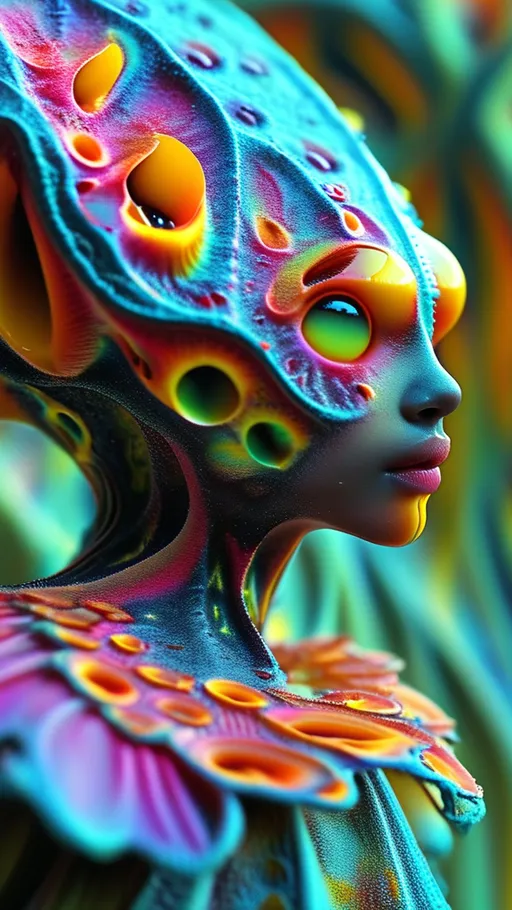 Prompt: In a surreal landscape where imagination reigns, an extremely super hyperrealistic trippy weird surreal odd psychedelic creature emerges, embodying a world beyond comprehension.

Amidst a vibrant field of kaleidoscopic flora, each petal reflects the dazzling spectrum of **Tourmaline**. The creature's human-like face, with eyes glowing in the pale yellow hue of **Fluorine (F)** gas, surveys the surroundings with an ethereal gaze. Its mouth, a blend of insect mandibles and soft humanoid lips, seems to whisper secrets of the universe, resonating with the hum of the surreal environment.

Long, moth-like antennae extend from its head, pulsing with the mysterious energy of **Quantum Entanglement**, creating a shimmering aura that dances with the breeze. These antennae, adorned with **Hexagonal Tiling**, appear to weave the very fabric of this dreamlike realm.

The creature's insect-like thorax glistens with multicolored facets of **Tourmaline**, its surface a living canvas of vibrant hues. As it strides gracefully, its limbs—powerful pincers combined with feline grace—leave intricate patterns in the ground, reminiscent of the **Sierpinski Triangle**, adding layers of fractal complexity to the earth beneath.

Rows of soft, flexible suckers line its abdomen, detailed with the crystalline textures of **Calcite**, allowing it to interact seamlessly with the environment. These suckers leave delicate imprints on the surfaces they touch.

Trailing behind, a long, sinuous tail adorned with scales of vivid **Charoite** sways gently, casting a mesmerizing display of purples and swirling patterns that blend with the landscape. This tail paints the air itself, leaving trails of color that linger before dissipating.

In this scene, the creature embodies a harmonious blend of anatomical diversity, mathematical precision, microscopic detail, quantum mystery, and elemental beauty, inviting all who witness it to explore a realm where reality and imagination dissolve into a dance of infinite possibilities.