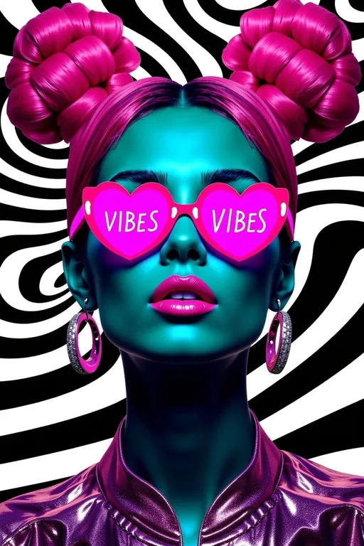 Prompt: **Updated Prompt:**  
"A vibrant, hyper-detailed cyberpunk portrait of a slim caucasian woman with long, wild, and unruly pink curls styled into two high buns that radiate energy and personality. She wears oversized, glowing pink heart-shaped glasses with the word 'VIBES' boldly etched across the lenses, exuding a playful yet futuristic charm. The glasses glow brightly, becoming the focal point of her bold, rebellious look.  

Her outfit is a sleek, high-tech bodysuit in glossy metallic pink and chrome, reflecting light with a liquid-like sheen. The suit is adorned with intricate neon pink circuitry patterns and holographic textures that pulse with energy. Large polished hoop earrings in a matching metallic pink finish frame her face, catching the light from her surroundings.  

The background features a dynamic black-and-white optical illusion pattern, with bold, twisting shapes that create a mesmerizing and surreal atmosphere. The contrast between the monochrome background and her vibrant pink aesthetic makes her stand out as a radiant, futuristic icon. Subtle reflections of the optical illusion pattern shimmer across her metallic suit, tying the elements together into a cohesive, visually striking composition."  

This prompt ensures the optical illusion background is incorporated while replacing "LOVE" with "VIBES" on the glasses for a fresh take!