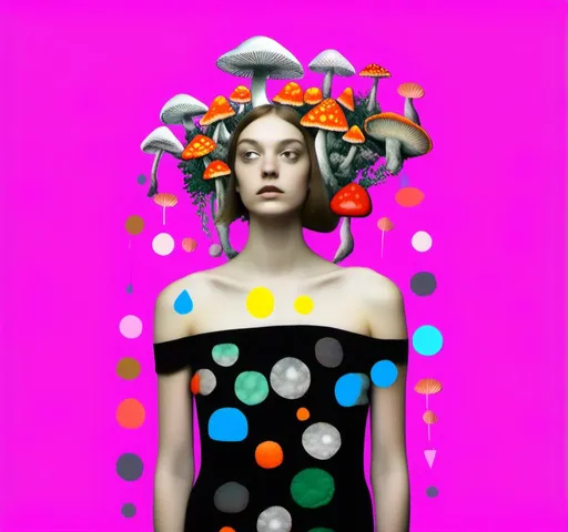 Prompt: A mixed media collage of a black and white photograph of a young woman growing all kinds of colorful multimedia psychedelic mushrooms and fungus out of her body (incorporate things like- but are not limited to - vibrant paints, enamels, glitters, metallic foils, newspaper and magazine cut paper, paint spatter, etc)<mymodel>