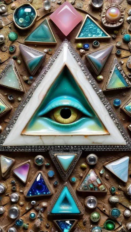 Prompt: an extremely hyper realistic ultra super textural weird trippy surreal psychedelic entity, Sierpinski Triangle, ,,, translucent, white, blown glass, pearlescent finish, inlaid opal, glittering crystal accents, silver, pyrite, quartz,, chrome, bright vivid teals, blues, pinks/yellows/greens,purples,  lots and lots of light, lots of crazy colorful compound psychedelic human eyes, rows of human teeth, human lips, tongues, fungus,  atoms, diatoms, diatomic, algae, bryozoans, Sierpinski Triangle, extreme high definition organic and mineral textures