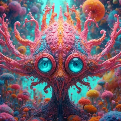 Prompt: <mymodel>an extremely hyper realistic super textural psychedelic entity/creature, trippy, weird, surreal, fractals, multidimensional geometric shapes, eyes, human teeth, lots of light, bright pastel colors, luminous, glowing, extremely textural