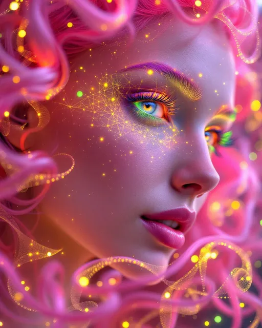 Prompt: Her face is a modular masterpiece—cheekbones traced with the shimmer of moonshine symmetry, every angle tuned to a hidden harmonic. Newton fractal veins glow faintly beneath translucent skin, shifting in color with each emotion. Her eyes burn with prime number fire, irises tiled in Penrose symmetry, blinking with curved light logic. Laughter echoes in Hilbert paths across her cheeks—space-filling joy spirals, soft and bright. Hair spills around her in radiant pink curls, styled by quasiperiodic forces and recursive wave equations—each strand flowing in luminous fractal tension. Geometry pulses at the hairline, recursive symbols glinting in neon mathdust. She is wrapped in hyperbolic aura-rings, layered in color-feedback like living topology, her presence refracting sacred math through joy, emotion, and colorfields.”

⸻

Visual Keywords:
Modular face symmetry, Newton glow skin, Penrose-tiled irises, Hilbert smile trails, pink recursive curls, fractal symbol halo, hyperbolic color aura, neon mathdust, prime fire eyes