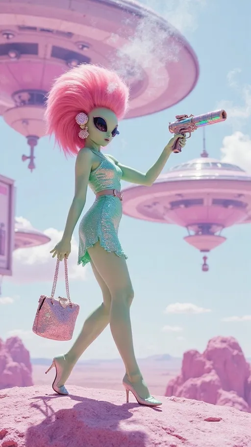 Prompt: A hyper-feminine alien babe on a chrome-pink asteroid runway, posing mid-stride in a gravity-defying 1960s-style minidress made from shimmering holofractal latex, her skin mint-green and glowing. Her towering bouffant wig in bubblegum pink is swirled with holographic rainbow strands, topped with a crystal satellite hairpin. Her oversized almond shaped solid black eyes reflect a candy-colored nebula. One hand holds a smoking raygun with heart-shaped vents, the other grips a holographic purse pulsing with fractal light. Around her, floating billboards advertise Martian cosmetics in 8-bit glitch. Behind her, a vintage UFO with tail fins hovers, and giant black-and-white moiré spirals rotate across the landscape like portals. The sky is saturated teal, layered with pastel starbursts and soft film grain. Everything glows with retro analog glamour, colors popping like technicolor TV tuned to the wrong frequency.

Style: 1960s retrofuturism meets glam-trash space fashion. Medium: analog film look with digital polish. Finish: grainy, glittery, glossy, vivid. Vibe: campy, fabulous, weird as hell.