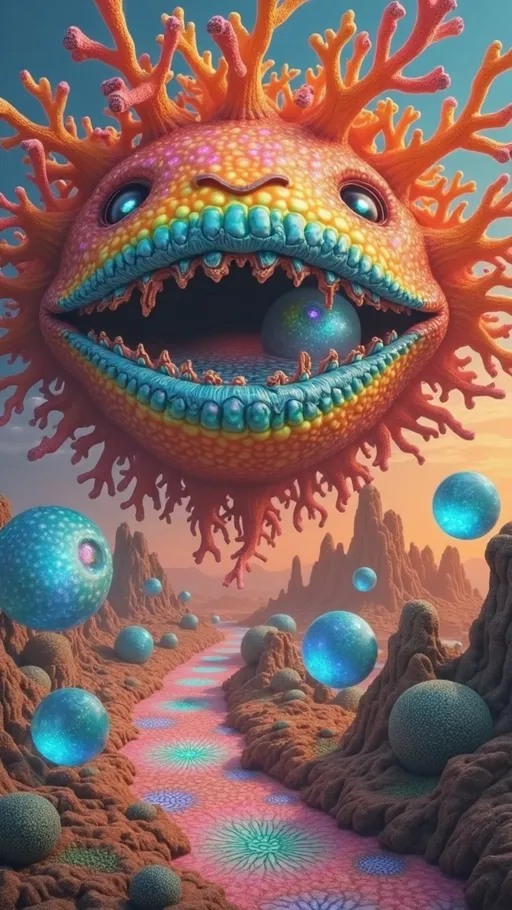 Prompt: Envision an eccentric, otherworldly entity embedded in a bizarre landscape where fluorescent oranges, shocking pinks, and deep ocean blues collide in a dazzling spectacle. This entity has a face resembling a swirling vortex of liquid glass, with eyes that are luminous, shifting orbs filled with fractal galaxies and electric sparks. Its mouth is a gaping maw lined with twisted, rainbow-hued coral-like teeth, each pulsating with bioluminescent patterns that shift according to its emotions.

The skin of the entity is a dynamic mosaic of microscopic **quasicrystals**, reflecting a spectrum of colors and creating an illusion of endless depth. Surrounding it are floating geometric shapes—tetrahedrons and dodecahedrons—glowing in neon shades, drifting like sentient beings. The ground beneath is a surreal terrain of **Penrose tiling**, where the non-repeating patterns create an optical illusion of infinite complexity, interspersed with shimmering **Lichtenberg figures** that resemble frozen lightning.

Microscopic elements abound, including spiraling **C60 Buckminsterfullerene (Buckyballs)** that orbit the entity, their shapes reflecting vibrant colors. Tiny **quantum dots** hover nearby, emitting playful bursts of light in a dazzling display. Fractal patterns emerge from the ground, with **Mandelbrot sets** spiraling into infinity, creating a mesmerizing dance of shapes and colors.

Natural features include bizarre, oversized mushrooms with polka-dotted caps that emit a soft glow and tendrils of electric vines dripping with luminescent droplets. Above, the sky swirls with chaotic colors, featuring clouds that resemble cotton candy and shooting stars leaving trails of glittering stardust, interspersed with **quantum foam** that bubbles and froths, illustrating the turbulent nature of space-time.

This fantastical scene invites the viewer to explore a reality where the strange and the beautiful coexist, celebrating the intricate dance of microscopic elements and fractal mathematics in a whirlwind of vibrant chaos.