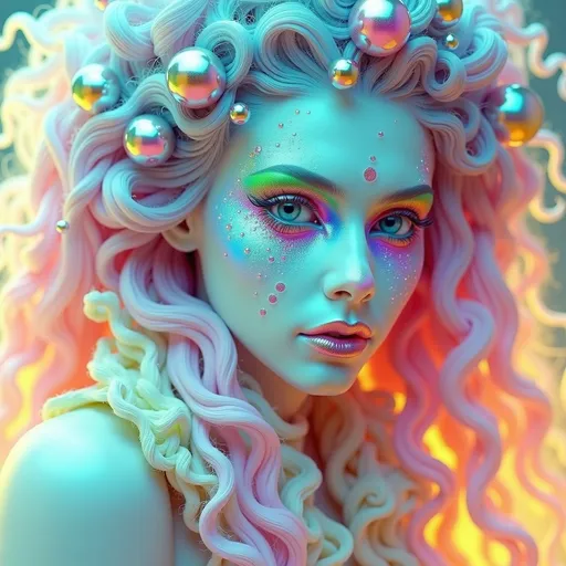 Prompt: A super hyperrealistic yet also illustrative and creative female cosmic jester, made entirely of swirling pure colored light, with long wild curly hair that appears pink but is a dazzling spectrum of hues shimmering beneath the surface. She is adorned in beautiful avant-garde "astral" jester's attire, complete with intricate clown makeup that glimmers like stardust and a definitive jester's hat adorned with miniature galaxies that orbit its tips. Her ensemble includes exquisite accoutrements—ornate cosmic bangles that hum with the resonance of distant quasars and an ethereal cape that flows like liquid auroras. She sparkles, shines, and dazzles in a mesmerizing swirl of ever-changing colors, embodying the essence of cosmic whimsy and wonder. Perched atop an enormous, spinning Möbius strip made of liquid starlight, she juggles glowing quantum orbs that flicker between states of existence, each orb containing a miniature universe that pulses with fractal patterns. The background is a psychedelic tapestry of hyperdimensional geometry, where constellations rearrange themselves into impossible shapes, and stars pulse to the rhythm of an unheard cosmic melody. Fractal tessellations resembling Escher-like infinity loops cascade through the scene, while quantum entanglement trails connect her juggling orbs in a dance of light. Möbius transformations ripple through the liquid starlight, creating endless loops of brilliance, as pulsating nebulas, astral winds swirling with cosmic dust, and shimmering auroras flow like liquid silk across the infinite expanse.