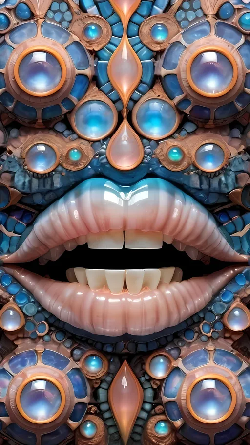 Prompt: Create an extremely hyper-realistic, ultra super textural, weird, trippy, surreal, psychedelic eyes/teeth/mouth pattern/design based on Mandelbrot & “Op Art tiling” with lots of human eyes (crazy colorful compound psychedelic), rows of human teeth, human lips, and tongues. 

- **Colors**: determined by the properties and expressions of the elements (& their isotopes), minerals, and metals: opal, moonstone, Kunzite, selenite, rose quartz, Palladium (Pd), “Fusarium verticillioides”

**Shapes and forms**
- Mandelbrot 
- "Op Art tiling" 
-other shapes determined by the natural properties and expressions of the elements (& their isotopes), minerals, metals, and biological organisms: opal, moonstone, Kunzite, selenite, rose quartz,  Palladium (Pd), “Fusarium verticillioides”


- **Textures**: Derived from any/all elements (& their isotopes), minerals, metals, crystals, organic things mentioned in this prompt: opal, moonstone, Kunzite, selenite, rose quartz, Palladium (Pd), “Fusarium verticillioides”

**Composition and Layout**:
- a pattern/design based on the Op Art tiling & Mandelbrot 

**Lighting**:
- lots of bright light
- Iridescence
- Aventurescence
- Chatoyancy
- Asterism

**Detail and Atmosphere**:
- Extreme hyperrealistic sharp high detail high definition organic and mineral textures
- Psychedelic, weird, odd, surreal atmosphere
- Frozen in time

**Additional Elements**:
- extra rows of teeth, lips, many eyes, Op Art tiling, Mandelbrot, Iridescence, Aventurescence, Chatoyancy
