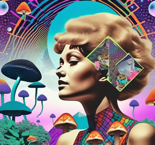 Prompt: a psychedelic collage reminiscent of 70s psychedelic sci fi collage artwork celebrating a girl on mushrooms. It is to feature a photograph of a woman with blond curly hair that is edited by splicing it with other images from photographs, magazines, newspapers, illustrations/paintings to create the impression she is high on magic mushrooms. The work will include such elements as a psychedelic 3rd eye open, stars and planets, trippy optical illusions and patterns, psilocybin cubensis mushrooms, fractals, UFOs, aliens, geometric shapes, auras, rainbow spectrums, sacred geometry, trippy drippy stuff, psychedelic hallucinations, open eyes, landscapes of astral worlds<mymodel>