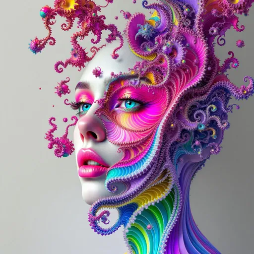 Prompt: A hyper-stylized female face built from recursive fractal structures, suspended in a dual lattice: the Fractal Memory Field interwoven with the Chromaflux Constraint Net. Facial features dissolve into layered spirals and mirrored topologies, while color flows act as binding agents — luminous tendrils of saturated light tracing mathematical constraints. Every recursion echoes not just shape but chroma: spectral feedback loops, iridescent light pulses, and glowing constraint patterns ripple outward. The grid warps with color pressure — forming aurora veils, color-braids, and radiant logic curves. Maximalist, ultra-bright, psychedelic geometry, rich with mathematical tension and color intelligence.”
