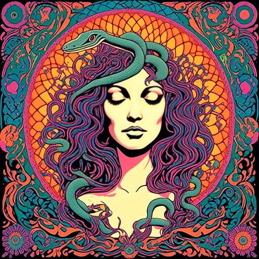 Prompt: <mymodel>Trippy, psychedelic poster art illustration of Eve with snake, victorious forbidden knowledge, loving, gracious, tree of life fruit, vibrant colors, intricate patterns, high quality, detailed illustration, psychedelic art, surreal, loving  gaze, vibrant color palette, intricate details, symbolic, graceful pose, spiritual, mystical lighting