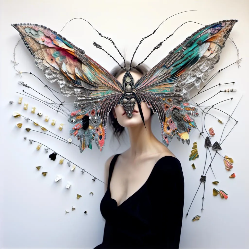 Prompt: a photograph of a woman (color or black and white) with multimedia elements added to create the appearance that she is a beautiful intricate moth, with moth wings and antennae created from paint, paper, photos, glitter, iridescent enamels, nail polish, rhinestones, thread and string, fabric, folded paper etc<mymodel>