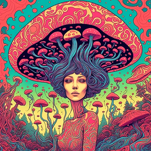 Prompt: <mymodel>Psychedelic illustration of the Mushroom goddess, mother mushroom, fungus deity, vibrant colors, trippy patterns, surreal landscape, high quality, digital art, vibrant, surreal, detailed fungi, ethereal lighting