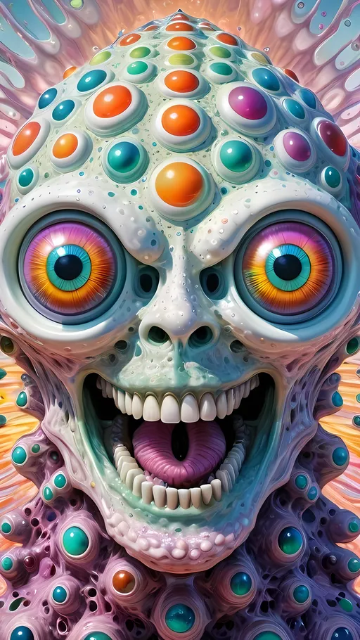 Prompt: an extremely hyper realistic ultra super textural weird trippy surreal psychedelic entity, gyroid structures, Pascal's Triangle, white, translucent, clear, bright bright pastel colors, oil slick rainbow sheen effect, lots and lots of light, lots of crazy colorful compound psychedelic human eyes, rows of human teeth, fungus, atoms, diatoms, gyroid structures, Pascal's Triangle