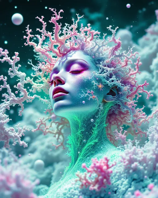 Prompt: Depict a surreal, multidimensional female figure—Merry—composed entirely from a living equation known as Fractal Drift in Hyperspace. Her body is sculpted from quaternionic Julia sets warped through Perlin noise and Möbius-space distortions, forming an endlessly flowing geometry. Self-similar coral-like filaments shimmer with radiant neon: hot pink, electric teal, oil-slick violet, and shimmering white. Her form is in constant, graceful flux—twisting inside-out along slow Möbius turns, subtly vanishing and reappearing like a being out of phase with known dimensions.

Hair becomes a halo of recursive fractal tendrils, sparkling with chaotic color harmonics, each strand flickering like data streaming from a dream. Her eyes are wells of curved spacetime, glowing black-indigo with gravitational pull. Her expression flickers across recursive interference waves—always shifting, always almost recognizable. Her skin is not skin, but compressed time rendered in color and motion.

Behind her, the void blooms into Recursive Graviton Bloom—a hyperbolic tiling in the Poincaré disk model, patterned in infinite nested symmetry. The grid curves and distorts from simulated gravitational lensing, giving it a warped-glass elegance. Through it drift Lorenz-attractor light filaments—ribbons of gold, red, blue, and ultraviolet, spiraling through space like alien synaptic pathways. A layer of Fourier interference waves rolls across the scene like a cosmic pulse, syncing to Merry’s breath. The entire scene feels sentient—as though space itself is watching her unfold.