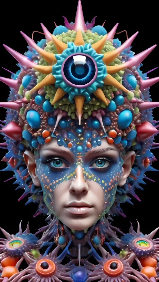 Prompt: Extremely hyperrealistic, ultra textural weird trippy psychedelic virus creature/entity queen crown jewelry cape, lots of crazy psychedelic compound human eyes, face, head, body, limbs, bright psychedelic colors, lots of light, Gyroid Structures, Moire Patterns, viruses: Viruses, virions, capsid, envelope, nucleocapsid, helical, icosahedral, spherical, filamentous, complex, polyhedral, bullet-shaped, rod-shaped, pleomorphic, enveloped, non-enveloped, spikes, glycoproteins, capsomeres, matrix proteins, lipid bilayer, surface proteins, tail fibers, head-tail structure, symmetry, size, morphology, electron microscopy, viral particles, viral structure, viral architecture, viral shapes, crystalline arrays, viral genome, RNA virus, DNA virus, segmented, non-segmented, capsid symmetry, viral envelope, tegument, viral surface, structural proteins, viral assembly, viral replication, host cell entry, viral budding, viral egress.