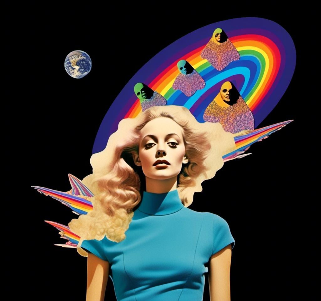 Prompt: A psychedelic collage featuring a photograph of a woman with blond curly long hair. The photo is cut and spliced with other photos and drawings of aliens, UFOs, rainbow spectrums are erupting from places, planets, stars, landscapes, and sparkles set amidst optical illusions of all kinds in geometric shapes giving an otherworldly surreal bizarre ufo alien effect to this psychedelic collage <mymodel>