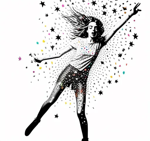 Prompt: <mymodel>Black and white halftone photograph of a girl, exploding with colorful multimedia stars, sparkles, and electric lightning bolts, created from paint, glitter, enamels, metal foils, iridescent paint, rhinestones, seed beads, dynamic and vibrant, high contrast, mixed media, dazzling explosion, detailed face and expression, high quality, highres, multimedia explosion, dynamic lighting, contrasted shadows, black and white, mixed media art