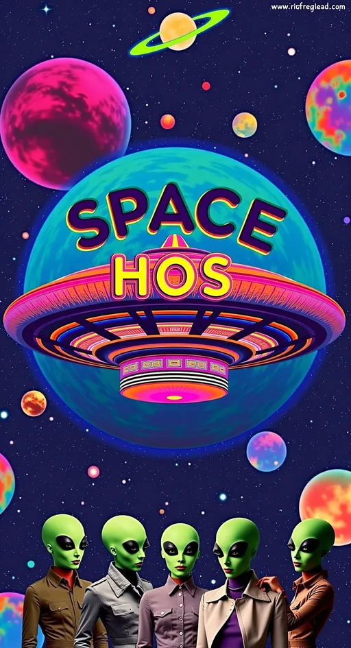 Prompt: **Space Hos - AI Art Prompt**

Create an artwork featuring the phrase "Space Hos" in a bold, sassy, girly futuristic tech font. The scene is populated by multiple striking green-skinned alien females, each exuding attitude and confidence. They are dressed in avant-garde high fashion with a futuristic edge, showcasing an array of intricate accessories that highlight their alien allure.

Each alien boasts a slightly conical-shaped bald head and large, almond-shaped black eyes, adding to their enigmatic charm. They pose with sass and poise, making a statement in the cosmic landscape.

Incorporate a vibrant UFO in the background, teeming with colorful lights that illuminate the scene. The setting is a bustling outer space landscape, complete with an alien planet, swirling asteroids, and cosmic phenomena. Alien glyphs are seamlessly integrated into the design, adding a mysterious layer.

The entire composition is busy and detailed, with every inch filled with tiny elements that captivate the viewer's attention. From the smallest star to the grandest asteroid, the scene is a masterpiece of cosmic chaos and extraterrestrial elegance.