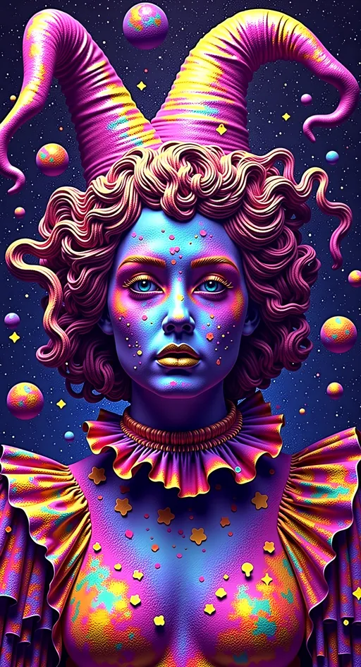 Prompt: Sure thing, let's give it a little jester flair while keeping all the cosmic vibes intact:

---

Create a super hyperrealistic, finely detailed psychedelic Nouveau illustration of a Cosmic Jester, infused with an extra splash of whimsical charm. The word "MERRYPRANXTER" should be cleverly woven into the background, like a secret message hidden in a tapestry of stars. This enchanting character is the ultimate merry prankster of the cosmos, an astral jokester pirouetting through time and space. She radiates jester energy, adorned in feminine holographic jester attire and makeup with a delightful harlequin twist. Not quite human, but humanoid, she is sculpted from vibrant colored light, embodying an otherworldly extraterrestrial essence.

Her presence is a beacon of joy, as she giggles and spins through the cosmic astral realms, elevating vibes wherever she roams. Her beauty is ethereal, with long, curly hair that shimmers like a cascade of colored light, appearing blonde yet transcending earthly hues. Her eyes twinkle with mischievous wisdom, and her attire is a dazzling array of intricate patterns and swirling colors, reminiscent of both jester garb and celestial phenomena.

Incorporate the text "the merrypranxter" above her in smaller, elegant lettering, seamlessly blending into the cosmic background. This text should capture the essence of her playful spirit, as if it were a whisper from the universe itself. The illustration should radiate her vibrant energy, portraying her as a timeless wanderer spreading joy and wonder throughout the cosmos, with a dash of jester magic.