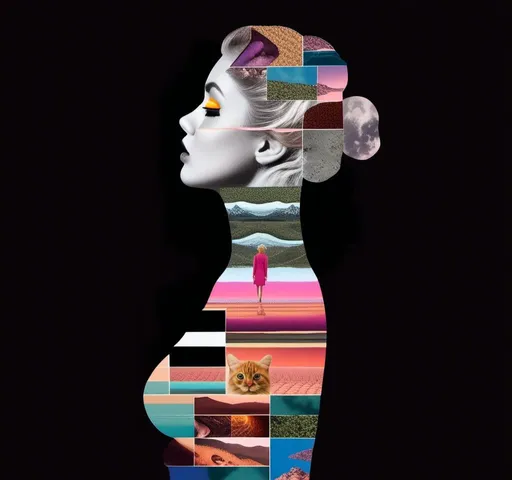 Prompt: A psychedelic collage featuring a photograph of a woman with blond curly long hair. The photo is cut and spliced with other photos - of cats, eyes, body parts, roads, landscapes, lots of eyes, lips, mouths, extra limbs, brains, mushrooms,  trippy optical illusion patterns, pickles, hamburgers, realistic  desert, alien  landscapes, geometric shapes etc in such a way that she has a psychedelic open third eye, in a psychedelic cut and paste collage <mymodel>