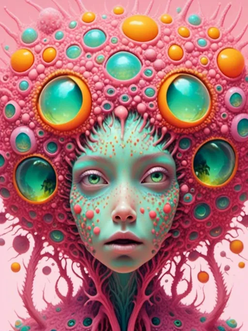 Prompt: <mymodel>an extremely hyper realistic super textural psychedelic entity/creature, trippy, weird, surreal, fractals, multidimensional geometric shapes, eyes, human teeth, lots of light, bright pastel colors, luminous, glowing, extremely textural, pinks, greens, oranges, yellows