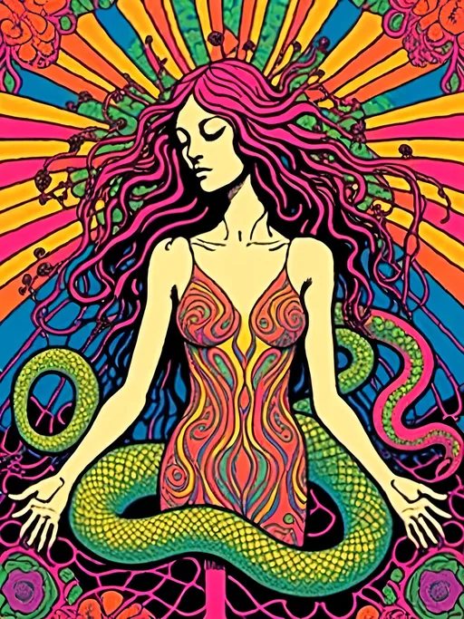 Prompt: <mymodel>Trippy, psychedelic poster art illustration of Eve with snake, victorious forbidden knowledge, loving, gracious, tree of life fruit, vibrant colors, intricate patterns, high quality, detailed illustration, psychedelic art, surreal, loving  gaze, vibrant color palette, intricate details, symbolic, graceful pose, spiritual, mystical lighting