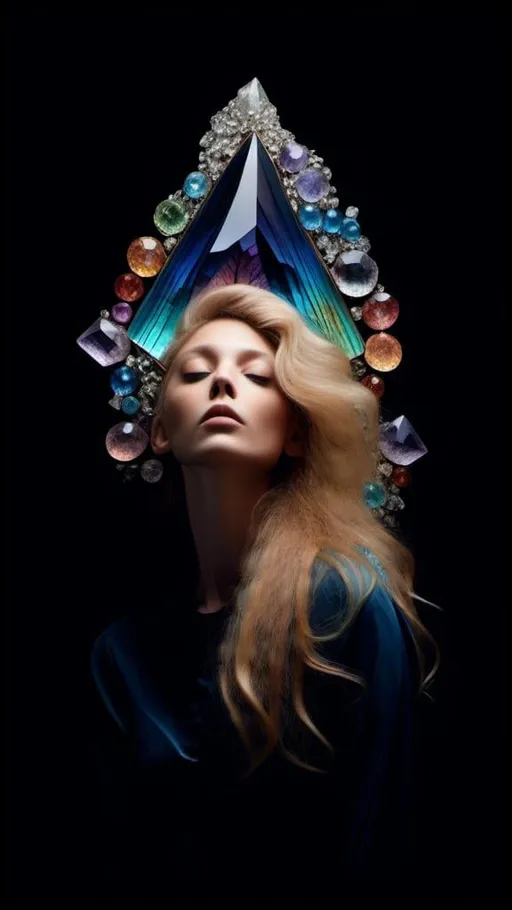 Prompt: <mymodel>Blonde woman with long curly hair, giant gem set eyes, psychedelic hallucination, rainbow fractals, geometry, inlaid precious gemstones, crystals, high quality, surreal, gemstone mosaic, detailed hair, vibrant colors, hallucinatory atmosphere, mesmerizing, otherworldly, natural lighting