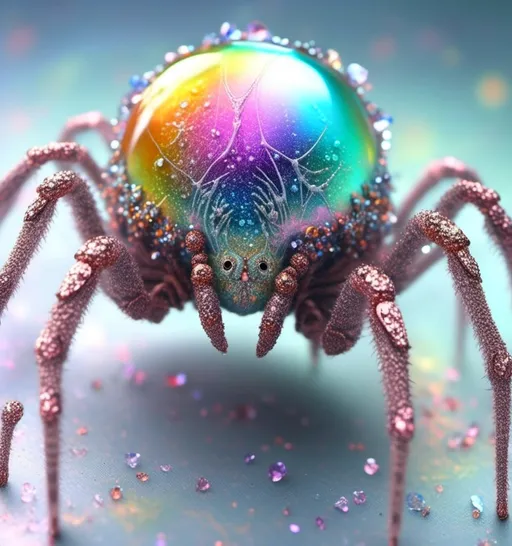 Prompt: <mymodel>extremely hyperrealistic extremely high textural beautiful female sentient spider entity, arachnid woman,8 eyes, humanoid, human woman with spider features, lots of light, extreme organic textures, white, translucent, bright pastel colors, oil slick rainbow sheen effect, silver, chrome, crystals, 
Arachnid, cephalothorax, abdomen, pedipalps, chelicerae, fangs, spinnerets, silk glands, book lungs, tracheae, 