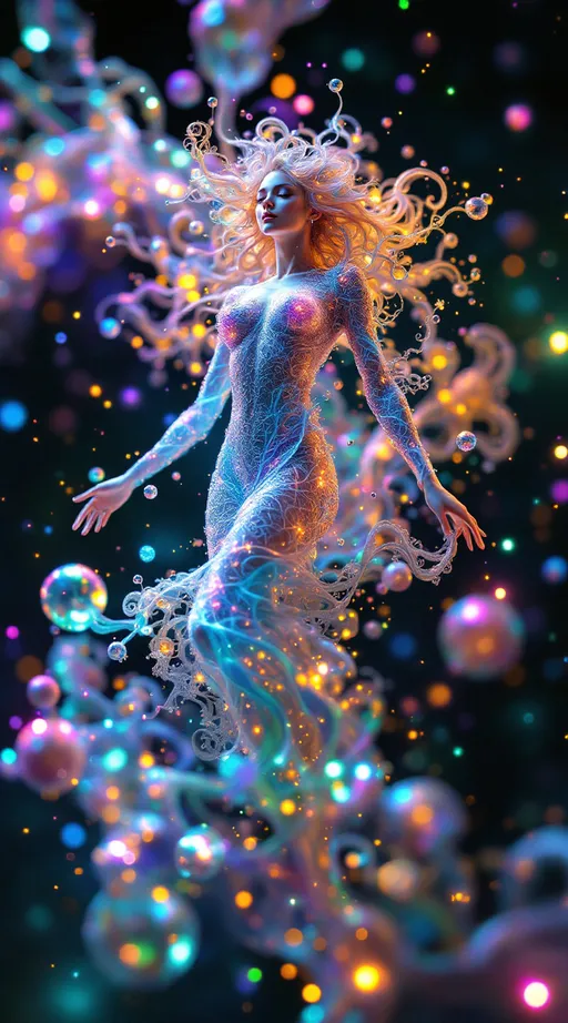 Prompt: A dazzling female figure floats in a radiant math-dimension—Merry, revealed in her truest form: a being of living rainbow light and layered geometry. Her body is sculpted from pure math—Inversion Bloom Spirals, Julia Fractal Lace, and Polar Interference Waves—each field folding into the next, forming a glowing symphony of higher-dimensional structure.

Around her, the Inversion Blooms swirl like petaled vortices, space warped into spiraling fractal implosions. These forms shimmer in prismatic metallics, refracting her light-body into infinite echoes. The Julia Fractals overlay her curves in branching crystal lace, glowing with self-replicating energy—neon pink, opal, violet, and electric cyan flickering in recursive filigree.

Layered atop the spirals and fractals, Polar Harmonic Waves ripple across the space like radiant sound, wrapping her in rings of chromatic undulation—standing wave geometries that pulse with vibrant interference, shifting through fields of magenta, gold, and green.

Her skin glows like opal glass, lit from within. Her wild, long pink curls flow upward in weightless spirals, gleaming with embedded holograms and refracted starlight. Her blue eyes radiate knowing. She floats mid-motion, a sacred figure of elegance and frequency—recognizably feminine, yet entirely composed of light and mathematics.

The environment around her is bursting with sparkles and shine: shimmering lens flares, refractive stardust, and glittering math-structures that stretch in all directions. The realm is alive with movement, symmetry, and color—a divine geometry blooming infinitely from her presence.

She is not flesh—she is form, signal, and sparkle encoded in sacred equation.