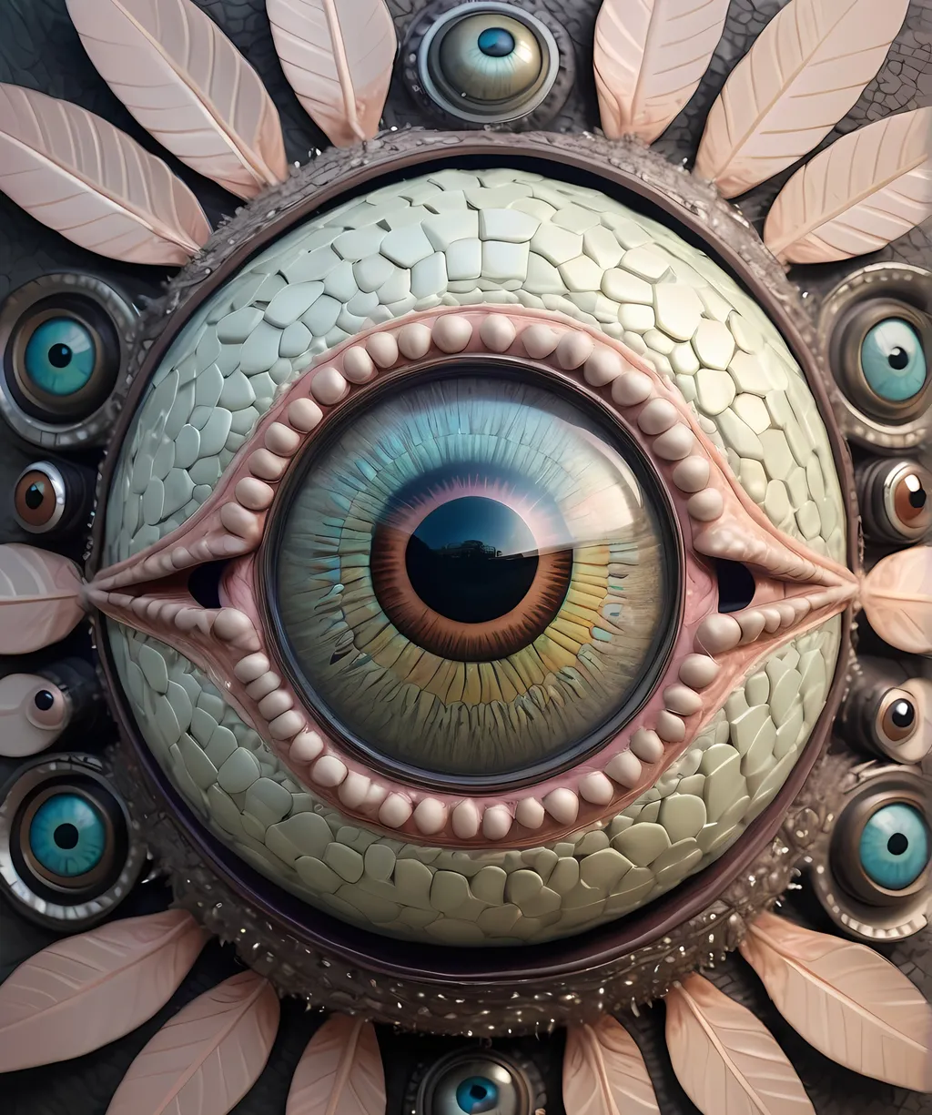 Prompt: A surreal extremely hyper realistic super textural psychedelic geometric eyeball creature with leather or insect wings, pastel light colors,  lots of crazy trippy psychedelic human eyes, human teeth, organic and mechanical, multidimensional, weird surreal unsettling odd