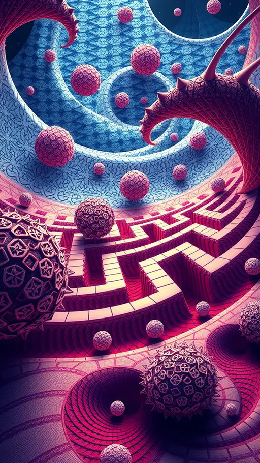 Prompt: Let's create a cohesive art prompt using the selected elements:

### Final Art Prompt:

"An extremely super hyperrealistic trippy weird surreal odd scene featuring a **Koch Snowflake** fractal, with its intricate, recursive patterns forming the backdrop. The landscape is dotted with **Peano Curves**, creating a maze-like appearance that leads the eye to various focal points. In the foreground, a **Turing Pattern** emerges, resembling the complex coat patterns of exotic animals, adding a sense of biological wonder.

Nestled within this fractal world are clusters of **Möbius Strips**, twisting and looping in impossible ways, defying gravity and perspective. The air shimmers with the vibrant hues of **Spirograph Patterns**, their looping forms reminiscent of childhood toys but with an otherworldly glow.

Incorporated into this scene are **Menger Sponges** suspended in mid-air, their porous structures casting intricate shadows that dance across the ground. The entire composition is woven together with the organic flow of **Voronoi Tiling**, creating a cellular structure that feels both natural and alien.

Throughout the scene, elements of **Quartz** and **Amethyst** crystals glisten, their facets catching the light and refracting it into a spectrum of colors. The **Fluorite** adds a mystical touch with its multicolored glow, while **Malachite** bands weave through the landscape, providing a rich, green contrast.

Microscopic details are magnified to colossal scales, with **Ammonia tepida** and **Globigerina bulloides** foraminifera spiraling through the air, their intricate shells adding texture and depth to the scene.

This surreal landscape is a fusion of mathematical precision and organic chaos, where the boundaries between the microscopic and the macroscopic blur, inviting the viewer to explore the infinite possibilities of form and pattern."

This prompt combines the selected mathematical functions, natural elements, pattern tiling, minerals, and microscopic items into a visually rich and imaginative scene.