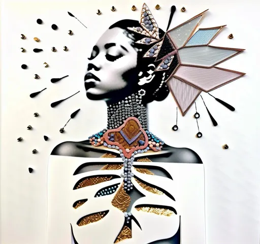 Prompt: A mixed media collage featuring a black and white photograph of a young woman and the photo is edited with vibrant materials like paint, enamel, copper/silver foils, cut paper, thread, beads, rhinestones glitter and sequins to make it appear as though the girls guts are on the outside of her body, and not always attached. You can see her lungs, heart, skeleton, nervous system, brain, blood vessels, muscles, intestines & everything else<mymodel>