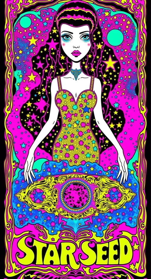 Prompt: Text - STARSEED - in a cursive hand drawn decorative art nouveau organic script style- Design 3 color a pop art nouveau t-shirt featuring a Lisa Frank-inspired 80s glam futuristic alien woman, limited to four vibrant colors. The central figure should be an alien woman with a classic 'gray' alien appearance—big pointed head and large almond-shaped solid colored dark shining eyes—styled with glamorous 80s fashion elements. Use bright, bold colors typical of Lisa Frank, incorporating metallic and neon hues to emphasize the futuristic theme. Surround her with whimsical elements like stars, planets, galaxies, and UFOs, all infused with a pop art nouveau flair. Add details such as sparkling jewelry, bold makeup, and flowing hair, reminiscent of 80s glam. The design should be eye-catching and energetic, blending the playful essence of Lisa Frank with the elegance of art nouveau, perfect for a standout t-shirt.