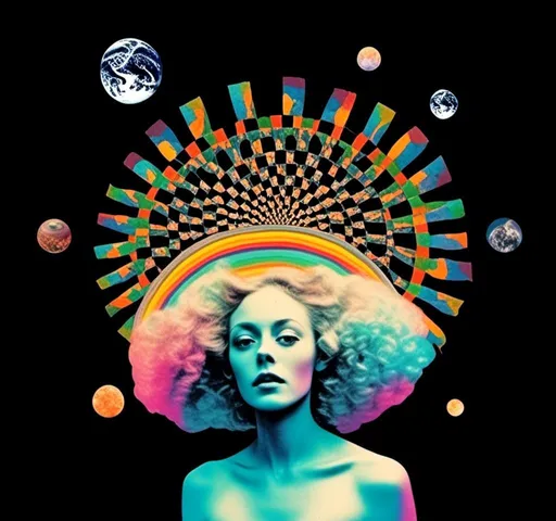 Prompt: A psychedelic collage featuring a photograph of a woman with blond curly long hair. The photo is cut and spliced with other photos and drawings of aliens, UFOs, rainbow spectrums are erupting from places, planets, stars, landscapes, and sparkles set amidst optical illusions of all kinds in geometric shapes giving an otherworldly surreal bizarre ufo alien effect to this psychedelic collage <mymodel>