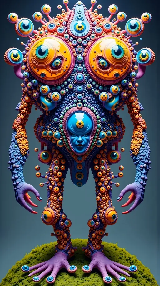 Prompt: An extremely super hyper detailed hyperrealistic weird surreal trippy psychedelic entity emerges, adorned with lots and lots of crazy psychedelic compound human eyes, meticulously arranged in a mesmerizing Fibonacci Spiral pattern. These eyes, each a kaleidoscope of colors, reflect the intricate beauty of the Mandelbrot Set, spiraling infinitely with bulbous shapes echoing the entity's fractal nature.

Rows upon rows of psychedelic teeth chatter in a rhythmic dance, each tooth a miniature, multifaceted crystal reminiscent of the vivid hues of Fluorite, transitioning through purple, blue, and green. The entity's skin is a living tapestry of textures, its surface a shifting mosaic of Quartz and Pyrite, glistening with metallic luster and the iridescent glow of Labradorite.

Microscopic details reveal a universe within, as the entity's form is interwoven with the complex geometries of Ammonia tepida and the spiral nautilus-like elegance of Spiroloculina communis. These elements form a delicate lacework, a testament to the harmony of natural and mathematical beauty.

In the background, the sky is a swirling mass of Quantum Foam, bubbles of reality frothing and merging, while the ground beneath is a tessellation of Voronoi cells, each a vibrant patchwork of Azurite's deep azure and Malachite's verdant greens. The air is alive with the shimmering presence of Quantum Strings, vibrating with the frequencies of the universe, casting ethereal shadows that dance upon the entity's form.

This psychedelic vision is steeped in the surreal, a joyous celebration of color and form, where every detail reflects the universe's infinite complexity and boundless creativity, inviting the viewer into a world where reality and imagination blend seamlessly.