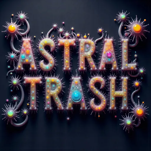 Prompt: 

The words “Astral Trash” are constructed entirely from surreal, floating fragments of cosmic debris—astral trash gathered from the deepest dream realms and psychic detritus fields. Each letter is formed from a chaotic yet beautiful mixture of discarded mystical artifacts, broken halo rings, fragments of shattered dimension-glass, tangled dreamwires, psychic crust, and iridescent wrinkled membranes.

Tiny bioluminescent spores from astral fungi drift like glowing dandruff across the scene. Letters twist with tendrils of electromagnetic ectoplasm, flickering with embedded glyphs and distorted radio signals. Glitchy patterns (moire interference, digital scanlines, and lens tears) subtly infect the forms, creating movement even in stillness.

Gem fragments (fluorite, tourmaline, obsidian, raw diamonds) are encrusted into the trash, reflecting impossible light fields. Quantum trash floats around—like flickering loops of entangled memory and Planck-scale foil wrappers. Fractal shadows stretch across space, wrapping around each glyph.

Rendered in ultra hyperrealistic, super surreal style with intense depth, microscopic texture, glowing edge lighting, and a palette of radiant neons, decayed metallics, bruised purples, and oil-slick blacks. Camera angle is slightly tilted, as if this floating text was just discovered drifting in a derelict psychic orbit.

⸻

Want it animated? Or want the trash to spell something else?
