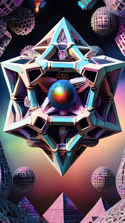 Prompt: A hyperrealistic geometric mechanical yet also biological surreal psychedelic ineffable numinous non-humanoid multidimensional geometric conscious entity,being, creature, alien, extra dimensional, geometric, hypercubes, tesseracts, noneuclidien, lots of crazy psychedelic eyes, extremely highly detailed, looking, observing, gnosis, math, mathematical, fractal, sacred geometry, pastel bright colors, ultra high definition hyperrealism